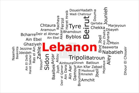 Téléchargez les photos : Tagcloud des villes les plus peuplées du Liban. Le titre est rouge et toutes les villes sont noires sur le fond blanc. Il y a des villes comme Beyrouth et Tyr. - en image libre de droit