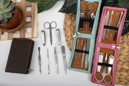 Photo for Manicure set kit in Colorful leather case. Concept shot, top view, different colors Manicure set. Special background Manicure set view. - Royalty Free Image