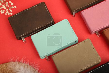 Photo for Manicure set kit in Colorful leather case. Concept shot, top view, different colors Manicure set. Special background Manicure set view. - Royalty Free Image
