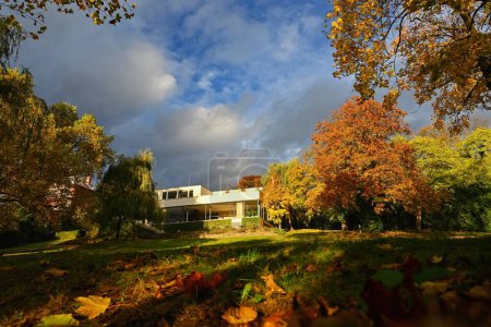 Photo for Villa Tugendhat Brno - Czech Republic. Beautiful autumn atmosphere in the park of the villa. Modern architecture of functionalist and internationalist German architect Ludwig Mies van der Rohe. UNESCO World Heritage Site. - Royalty Free Image