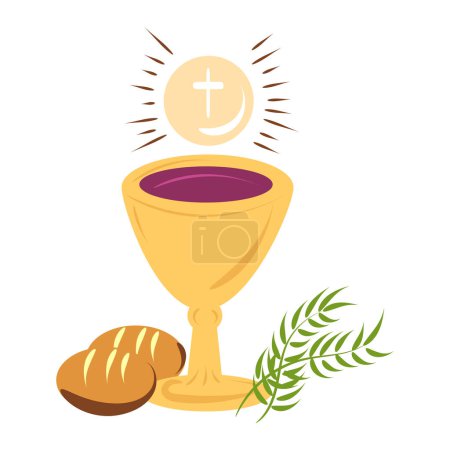 Illustration for Holy Week. Christian Easter icon symbols. palm branch, cross of Jesus Christ, crown of thorns, bowl and bread, crucified palms. vector illustration - Royalty Free Image