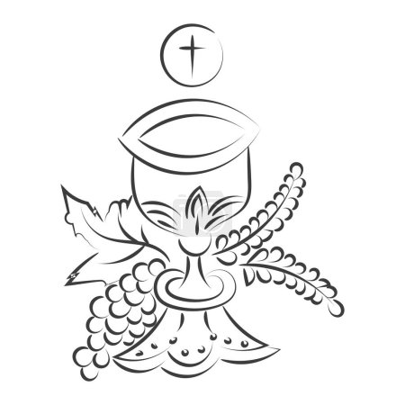 Illustration for First Communion Embroidery Design. Eucharist In Chalice with Grapes and wheat for print or use as poster, card, flyer or T Shirt - Royalty Free Image