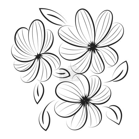 Ilustración de Flores y hojas contorno para imprimir. Ramo de flores y plantas de primavera dibujadas a mano - Imagen libre de derechos