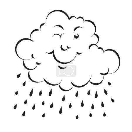 Téléchargez les illustrations : Nuage de pluie avec des gouttes de pluie line art design. Mignon nuage pluie et sourire icône design. - en licence libre de droit