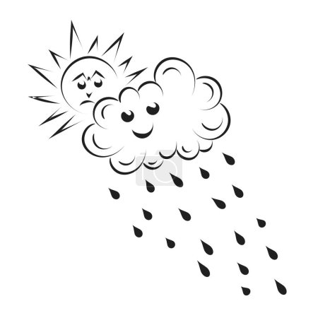 Illustration for Rain cloud with raindrops line art design. Cute cloud raining and smile icon design. - Royalty Free Image