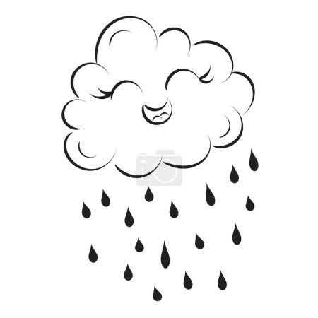 Ilustración de Nube de lluvia con gotas de lluvia diseño de arte de línea. Linda nube lloviendo y sonrisa icono de diseño. - Imagen libre de derechos