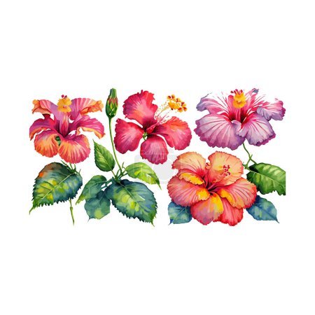 Ilustración de Vibrantes flores de hibisco en el paraíso tropical en estilo acuarela - Imagen libre de derechos