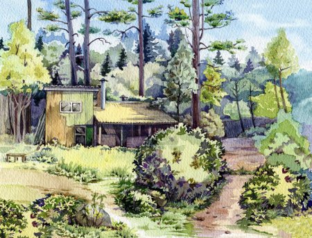 Photo for Beautiful garden with small house watercolor illustration. Hand drawn countryside landscape with trees, bushes, lush green grass and old style wooden house. Outdoors village scene. - Royalty Free Image