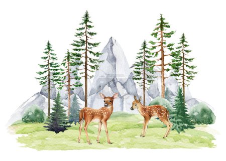 Photo for Small fawns in nature forest landscape scene. Watercolor illustration. Two baby deers standing in northern wildlife forest. Couple of fawns in wild nature in pines, bushes, rocky mountain range scene. - Royalty Free Image