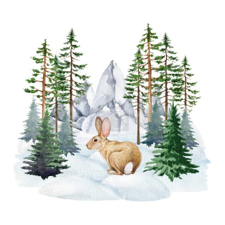 Cute bunny in winter forest landscape. Watercolor illustration. Hand drawn small rabbit sitting in the snow loan, with pine trees, spruce, mountain range background. Wildlife nature winter scene.