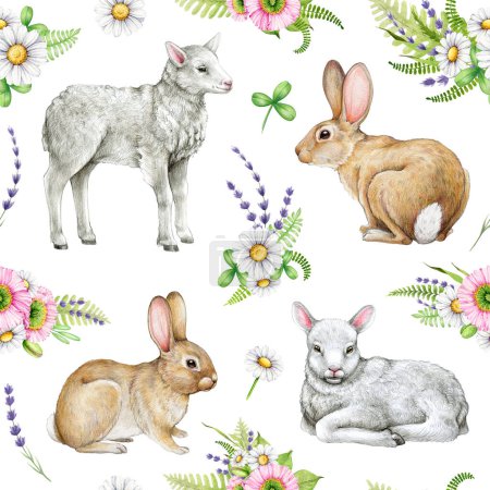 Photo for Springtime Easter seamless pattern with bunny, lamb and flowers. Watercolor illustration. Hand drawn cute little rabbit, white newborn lamb, daisy flowers, lavender, poppy seamless border. - Royalty Free Image
