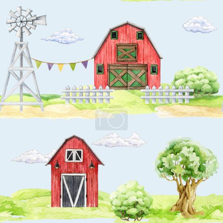Countryside village elements seamless pattern. Watercolor illustration. Hand drawn red barn, windmill, white fence, oak tree, green grass, clouds. Village farm landscape scene seamless pattern.