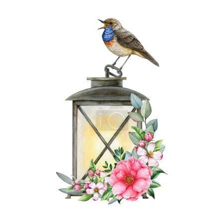 Photo for Singing bird siting on a vintage style lamp decoration. Watercolor illustration. Hand drawn floral decor with old style lantern and bird on it. Cozy floral vintage decoration. White background. - Royalty Free Image