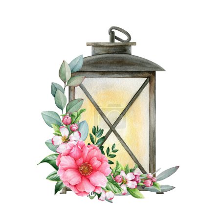 Photo for Vintage style metal lantern with flowers decoration. Watercolor painted illustration. Cozy floral decoration with garden flowers, eucalyptus leaves and old lamp. Isolated on white background. - Royalty Free Image