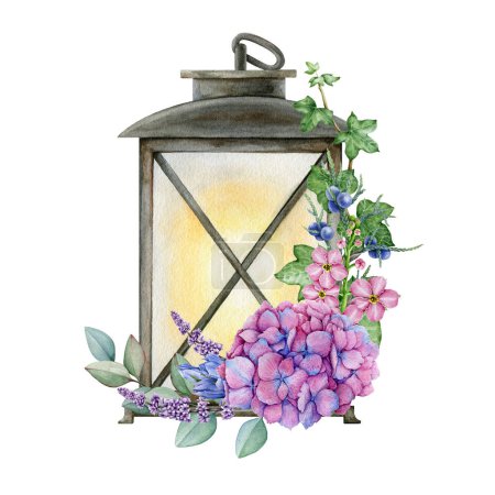 Photo for Vintage style lantern decorated with garden flowers. Watercolor painted illustration. Hand drawn old metal lamp with hydrangea, eucalyptus, lavender floral tender decor. Isolated on white background. - Royalty Free Image