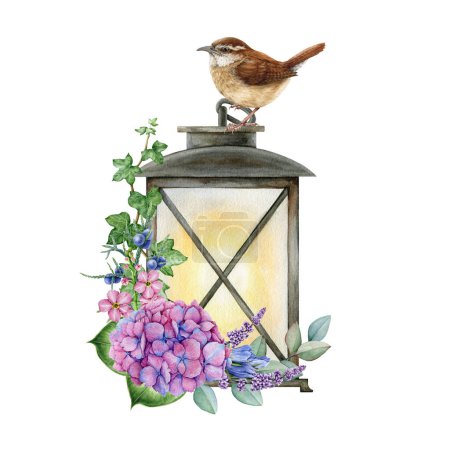 Photo for Vintage lantern with floral decor and bird on it. Watercolor illustration. Hand drawn flower decoration old lamp. Cozy floral vintage style decor with a wren bird. White background. - Royalty Free Image