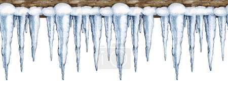 Photo for Icicles on the wooden roof edge seamless border. Watercolor illustration. Hand drawn wintertime season frozen water. Painted icicles seamless border. Icicle range isolated on white background. - Royalty Free Image