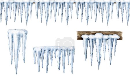 Photo for Icicles painted watercolor illustration set. Hand drawn frozen water. Winter time seasonal outdoor scene. Painted icicle elements, seamless border isolated on white background. - Royalty Free Image