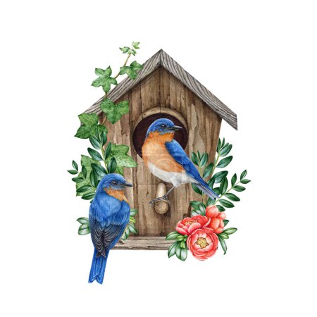 Paar von Blauvögeln auf dem Vogelhaus mit Frühlingsblumen-Dekor. Aquarell-Illustration. Gemütliche Frühlingsdekoration. Blauvogelpärchen nistet im hölzernen Vogelhaus, blühende Frühlingsblumen, grüne Blätter.
