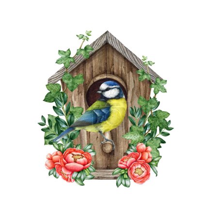 Photo for Cute little blue tit bird on the birdhouse with spring flowers decor. Watercolor illustration. Cozy spring decoration. Blue tit nesting in the wooden birdhouse, blooming spring flowers, green leaves. - Royalty Free Image