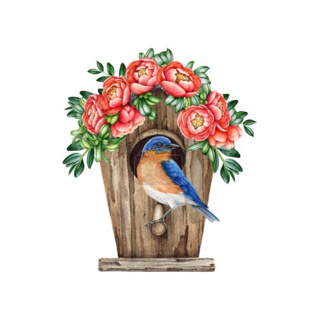 Photo for Cute little bluebird on the birdhouse with spring floral decor. Watercolor vintage style illustration. Cozy spring decoration. Bluebird in the wooden birdhouse, blooming quince flowers, green leaves. - Royalty Free Image