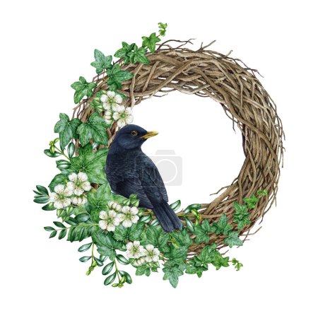 Photo for Garden floral wreath with blackbird. Watercolor painted illustration. Round rustic twisted vine wreath with ivy and raspberry flowers natural decor. White background. - Royalty Free Image