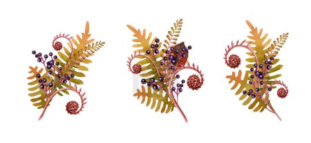 Autumn natural floral decoration set. Watercolor painted illustration. Vintage style autumn elegant decor with fallen leaves, fern and berries. Decor element set in warm colors. White background.