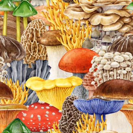 Bright mushrooms seamless pattern. Watercolor painted illustration decor. Hand drawn different beautiful mushroom seamless pattern. Bright fungi decoration.