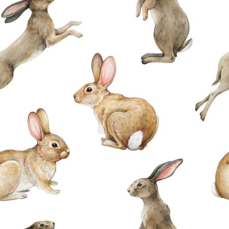 Cute bunnies vintage style seamless pattern. Watercolor illustration. Hand drawn rabbits on white background. Funny small bunnies Easter decoration seamless pattern.