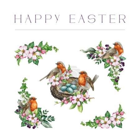 Photo for Floral Easter vintage style decor set with garden birds. Watercolor illustration. Hand drawn spring flowers, robin birds, nest with eggs decor. Easter tender collection. White background. - Royalty Free Image