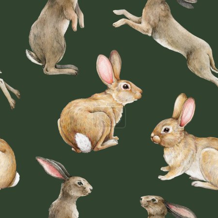 Cute vintage style painted bunny seamless pattern. Watercolor illustration. Hand drawn rabbits on dark green background. Funny small bunnies Easter decoration seamless pattern.