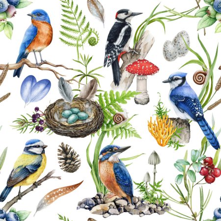 Forest birds with natural elements seamless pattern. Hand drawn woodpecker, jay, kingfisher, blue tit with forest natural elements, mushrooms and greens. Wildlife nature seamless pattern with birds.