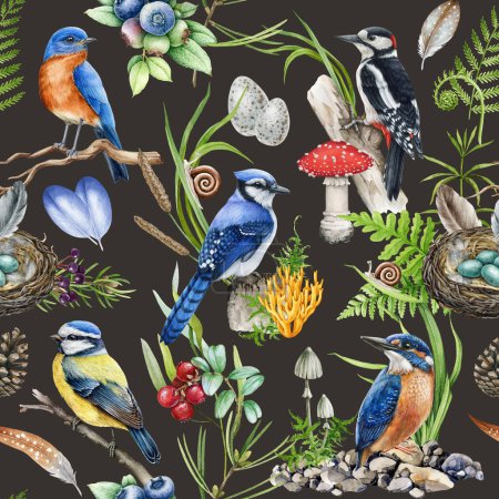 Birds with forest natural elements seamless pattern. Forest nature seamless pattern with birds. Hand drawn woodpecker, jay, kingfisher, blue tit with natural elements, mushrooms and greens. 