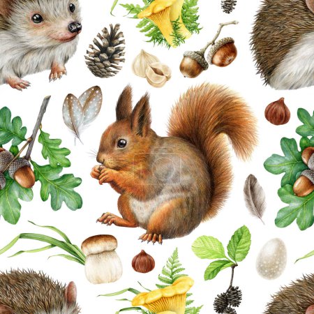 Forest animals with natural elements seamless pattern. Watercolor illustration. Hand drawn squirrel, hedgehog, mushroom, acorn, cone elements. Vintage style wild forest animals seamless pattern.
