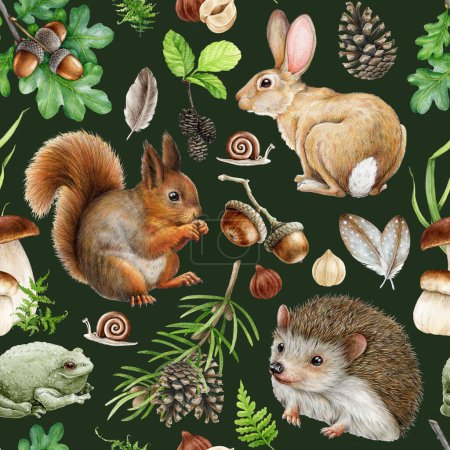 Forest animals and natural elements seamless pattern. Watercolor illustration. Hand drawn squirrel, hedgehog, bunny, mushroom, acorn elements. Vintage style wild forest animals seamless pattern.