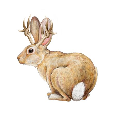 Jackalope myth rabbit creature watercolor illustration. Hand drawn wild mythological animal. Rabbit with horns vintage style illustration. Jackalope image on white background.