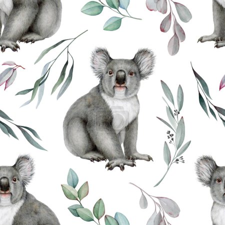 Koala with eucalyptus branch seamless pattern. Watercolor illustration. Australia native wildlife animal. Cute koala bear with eucalyptus tree twigs element seamless pattern. White background.
