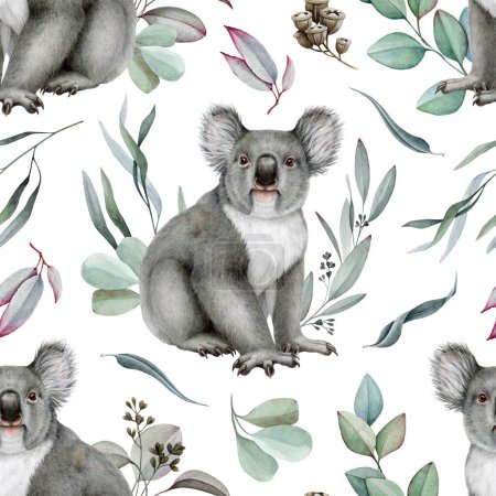 Koala with eucalyptus branch decor seamless pattern. Watercolor illustration. Australia native wildlife animal. Cute koala bear with eucalyptus tree twigs element seamless pattern. White background.