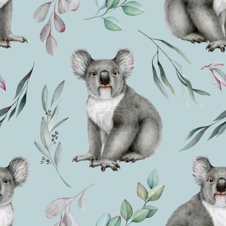 Koala avec décor de branche d'eucalyptus motif sans couture. Illustration aquarelle. Australie animal sauvage indigène. Ours koala mignon avec des brindilles d'eucalyptus élément de décoration motif sans couture.