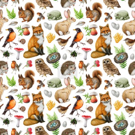 Forest animals with natural elements seamless pattern. Hand drawn watercolor illustration. Vintage style forest animals, birds, natural elements, mushroom, fern, grass seamless pattern.