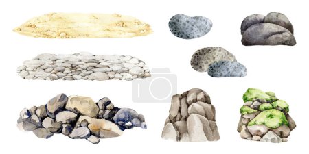 Stones, pebbles, rocks background and element painted set. Watercolor illustration. Different rock, stone, pebble element collection. Landscape element set. Various natural surfaces isolated.