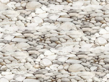 Pebble surface seamless pattern. Watercolor illustration. Hand painted grey stones, rocks, pebbles ground seamless pattern.