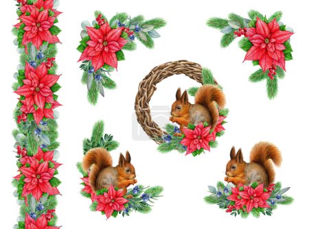 Photo for Winter season vintage style decor set with squirrel. Watercolor illustration. Painted cozy Christmas time wreath, seamless border decoration element set. Winter time decor collection with squirrel. - Royalty Free Image