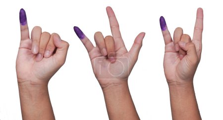 Group of hand showing little finger dipped in purple ink after voting for Indonesia Election or Pemilu with various pose, isolated over white background