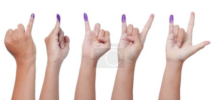 Group of hand showing little finger dipped in purple ink after voting for Indonesia Election or Pemilu with various pose, isolated over white background
