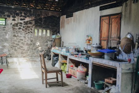 Portrait of traditional kitchen in Indonesia interior and atmosphere inside a traditional vintage house, mostly used for preparing delicious meals.