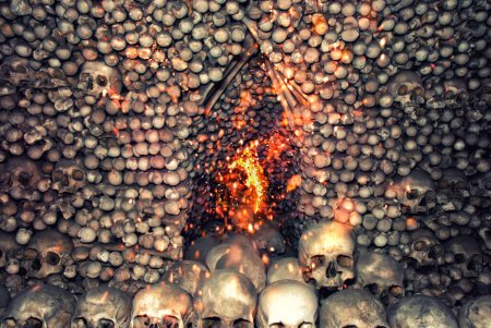 Misterioso altar de cráneos y huesos humanos con chispas de fuego, Halloween.