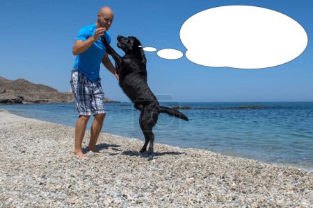 Funny picture with bubble idea man play with his dog on the beach.