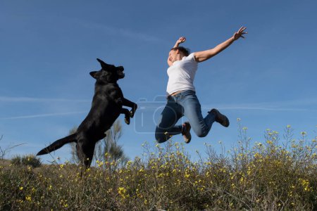 Foto de Labrador perro con mujer de mediana edad saltando juntos con alegría en la naturaleza. - Imagen libre de derechos