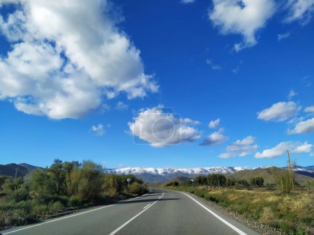 Straße in Andalusien mit Bäumen, blauem Himmel mit Wolken und in der Ferne schneebedeckten Bergen.